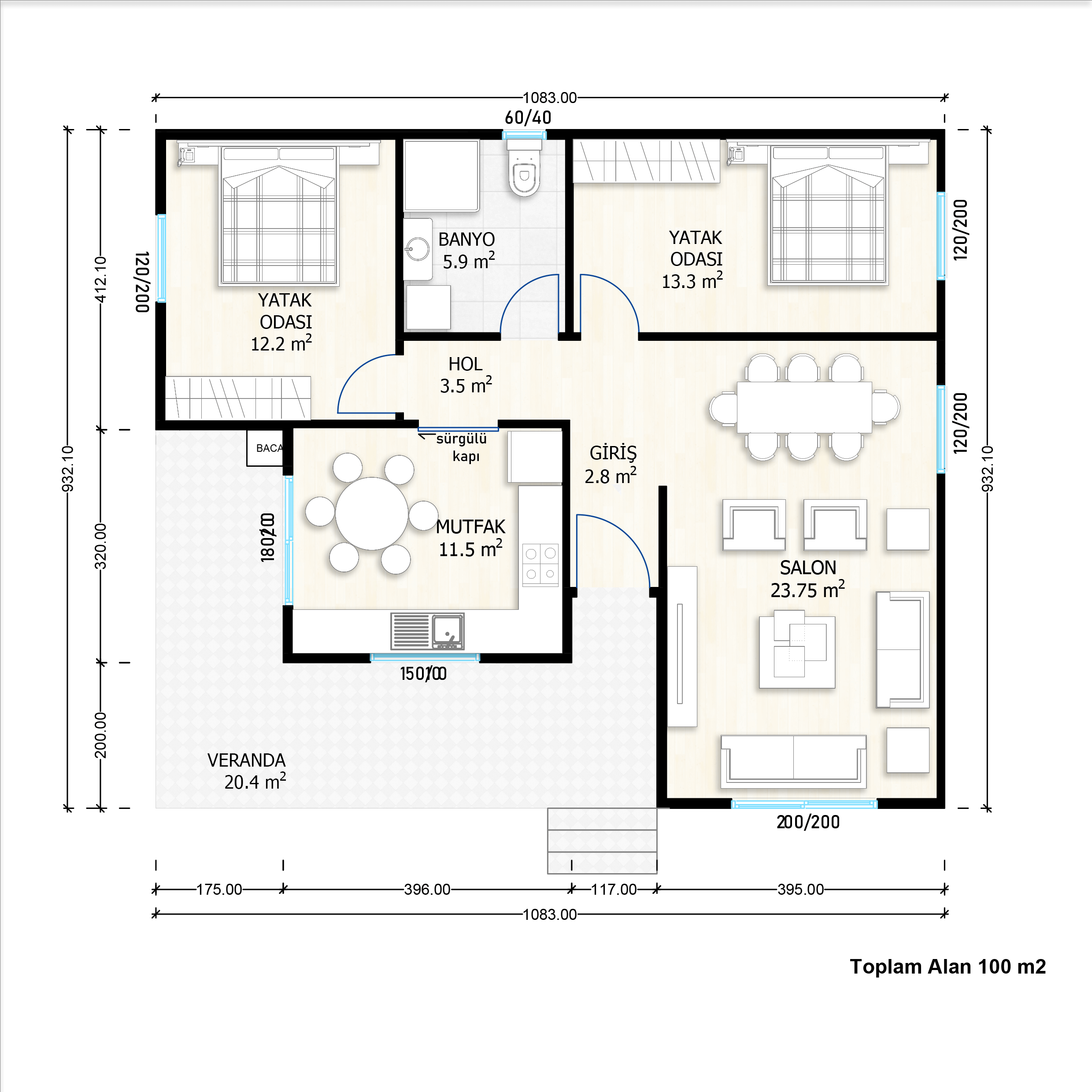 100 m² Tek Kat Çelik Ev (SS-1101) | Sekiz Prefabrik İzmir & Manisa