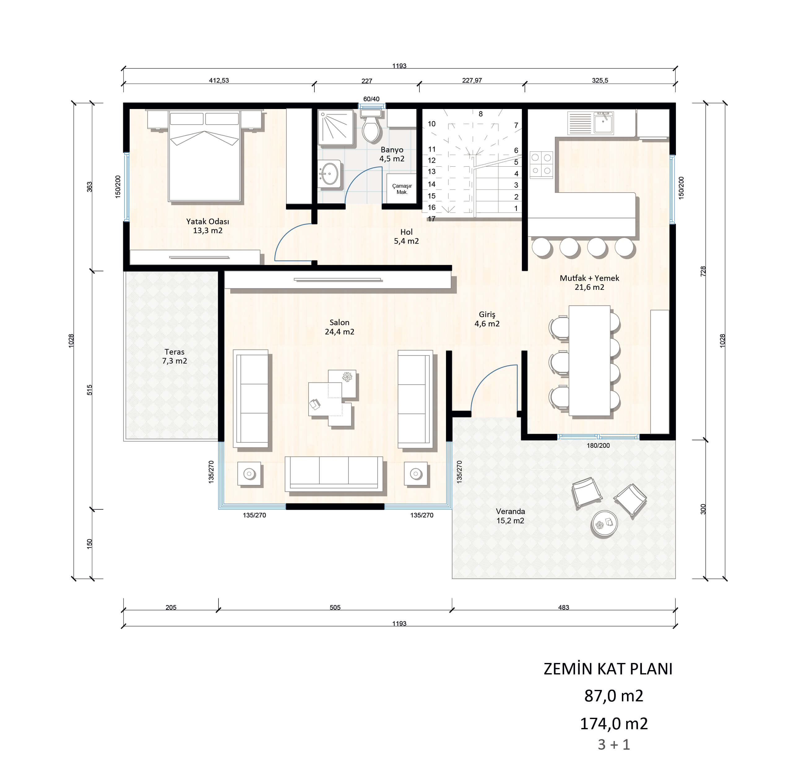 174 m² Çift Katlı Çelik Ev (SD-2174) | Sekiz Prefabrik İzmir & Manisa